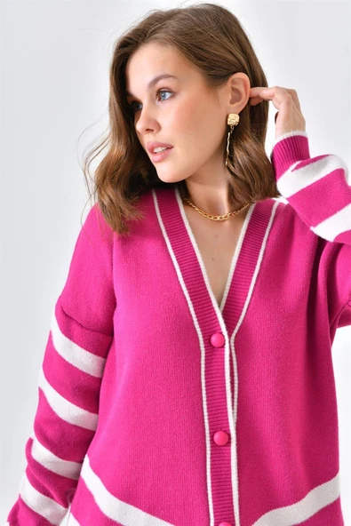 FTZ Women Kadın Şerit Detaylı Hırka  Fuşya 20429 - Resim 6