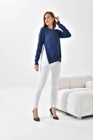 FTZ Women Kadın Poplin Kumaş Detaylı Hırka  İndigo 20526 - Resim 3