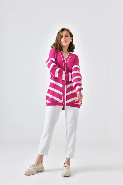 FTZ Women Kadın Şerit Detaylı Hırka  Fuşya 20429 - Resim 3