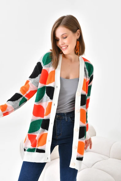 FTZ Women Kadın Yaprak Desenli Düğmeli Hırka  Ekru 20497 - 6