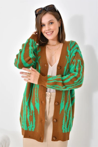 FTZ Women Kadın Zebra Desen Düğme Detaylı Hırka  Taba 20488 - Resim 2