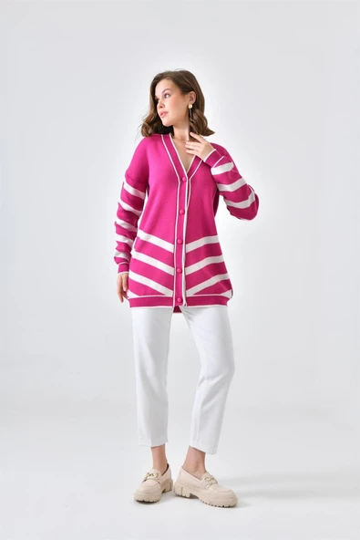 FTZ Women Kadın Şerit Detaylı Hırka  Fuşya 20429 - Resim 2