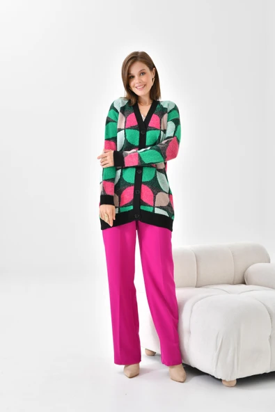 FTZ Women Kadın Yaprak Desenli Düğmeli Hırka  Siyah 20497 - Resim 3