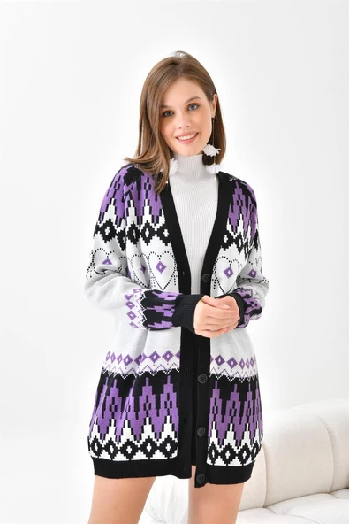 FTZ Women Kadın Etnik Desen Hırka  Siyah 20562 - Resim 6