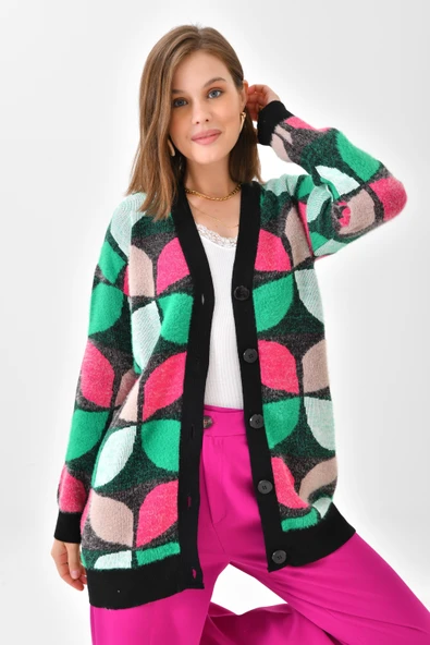 FTZ Women Kadın Yaprak Desenli Düğmeli Hırka  Siyah 20497 ürün görseli