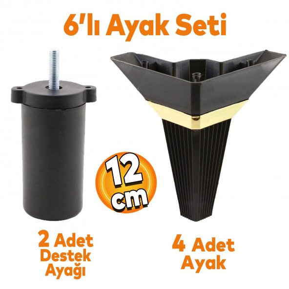 Alcazar Köşe 6lı Set Mobilya TV Ünitesi Çekyat Koltuk Kanepe Destek Ayağı 12 cm Siyah M8 Civatalı