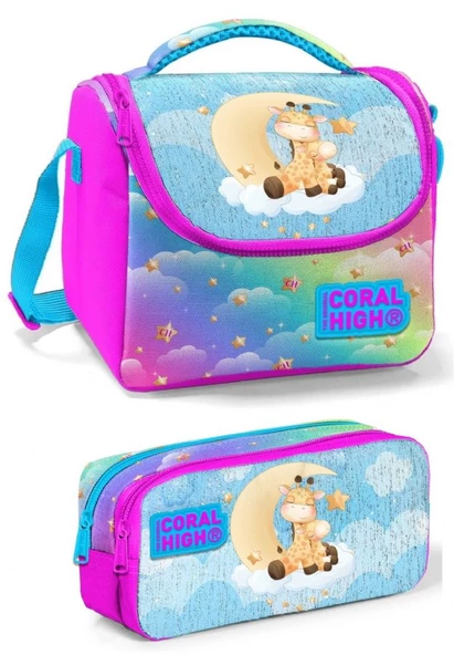 Coral High Kız Üç Bölmeli Okul Sırt Çantası Beslenme Çantası ve Kalemlik Seti Mavi Pembe Zürafa - Resim 4