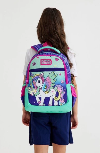 Coral High Kız Üç Bölmeli Okul Sırt Çantası Beslenme Çantası ve Kalemlik Seti Yeşil Mor Pegasus - 2