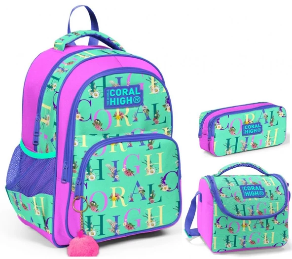Coral High Yeşil Pembe Kız Çocuk Üçlü İlkokul Okul Çanta Seti ürün görseli