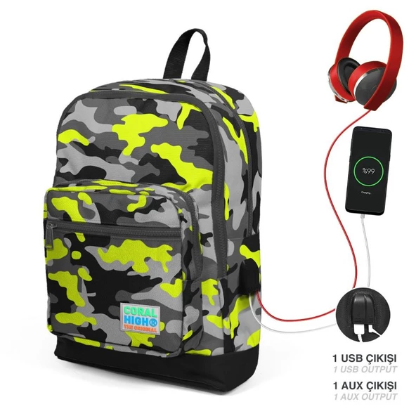 Coral High Okul Çantası ve Beslenme Çantası Seti - Erkek Çocuk Yeşil Kamuflaj - USB Soketli - Resim 2