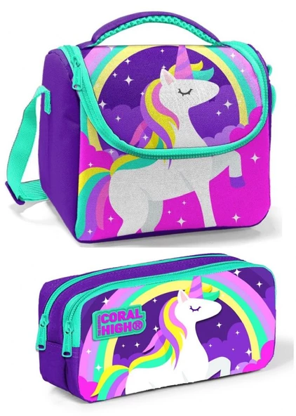 Coral High Mor Pembe Unicorn Kız Çocuk Beslenme Çantası Seti