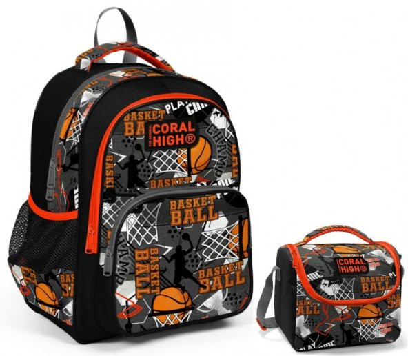 Coral High Siyah Turuncu Basketbol Erkek Çocuk İlkokul Çantası ve Beslenme Çantası Seti