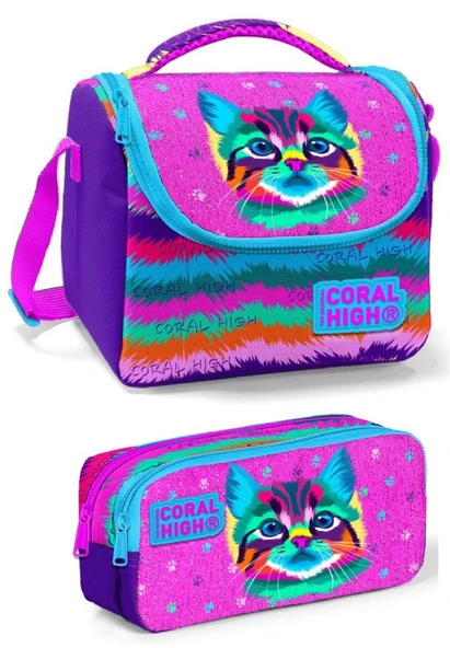 Coral High Mor Kedi Kız Çocuk Beslenme Çantası Seti ürün görseli