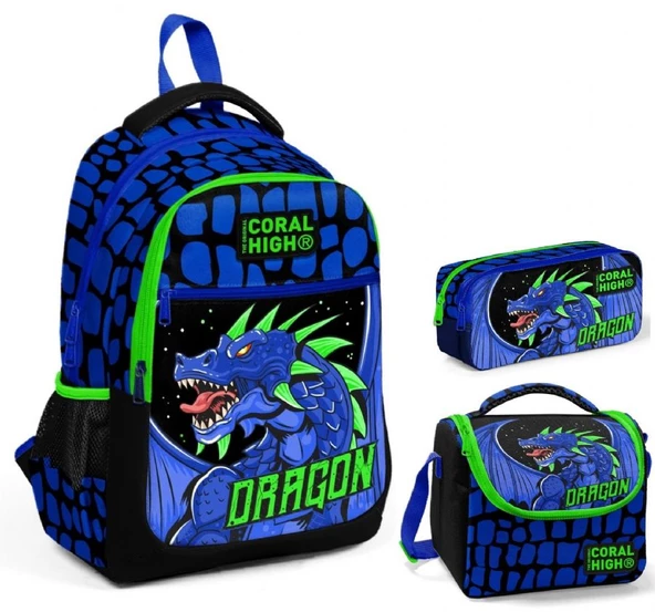 Coral High Erkek Çocuk Mavi Yeşil Dragon Üçlü İlkokul Okul Çanta Seti