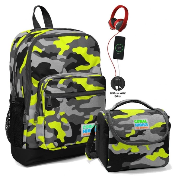 Coral High Okul Çantası ve Beslenme Çantası Seti - Erkek Çocuk Yeşil Kamuflaj - USB Soketli ürün görseli