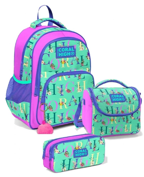 Coral High Üç Gözlü İlkokul Sırt Çantası Seti Açık Yeşil Pembe Yazılı Kız Çocuk ürün görseli