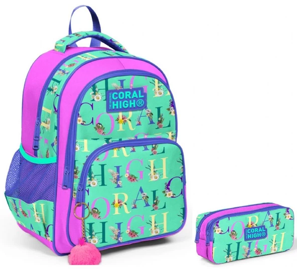 Coral High Yeşil Pembe Kız Çocuk İlkokul Sırt Çantası ve Kalemlik Seti ürün görseli