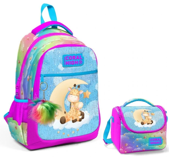 Coral High Pembe Mavi Zürafa Okul Sırt ve Beslenme Çantası Seti - Kız Çocuk ürün görseli