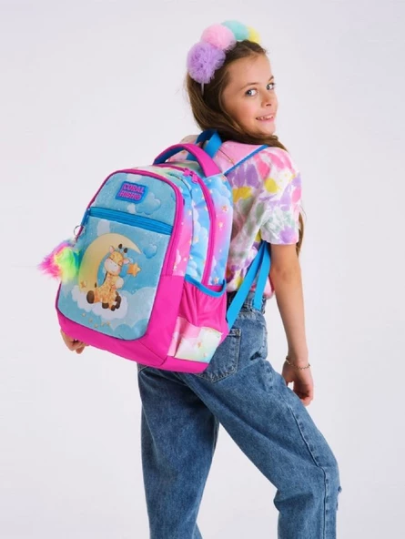Coral High Kız Üç Bölmeli Okul Sırt Çantası Beslenme Çantası ve Kalemlik Seti Mavi Pembe Zürafa - Resim 2