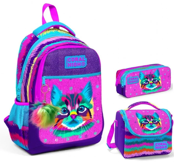 Coral High Kız Çocuk Mor Pembe Kedi Üçlü İlkokul Okul Çanta Seti