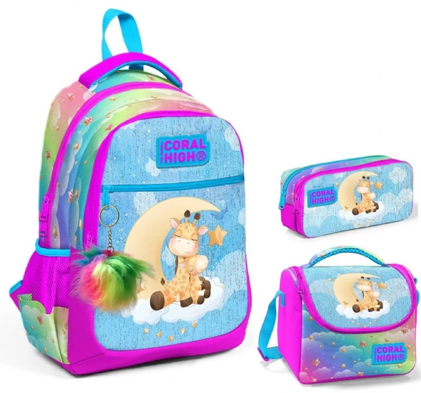 Coral High Kız Çocuk Pembe Mavi Zürafa Üçlü İlkokul Okul Çanta Seti ürün görseli 1