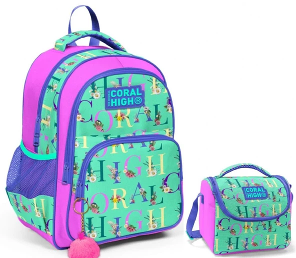 Coral High Yeşil Pembe Kız Çocuk İlkokul Çantası ve Beslenme Çantası Seti ürün görseli