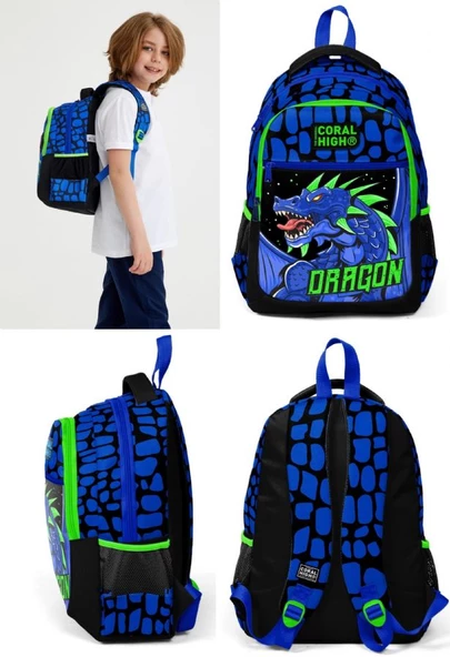 Coral High İlkokul Okul Sırt ve Beslenme Çantası Seti - Erkek Çocuk Mavi Yeşil Dragon - 3