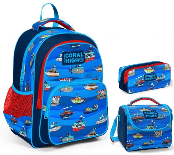 Coral High Lacivert Mavi Gemiler Erkek Çocuk Üçlü İlkokul Okul Çanta Seti ürün görseli