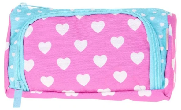 Kaukko Plump İki Bölmeli Turkuaz Pembe Kalp Desenli Kız Çocuk Kalem Çantası/Kalemlik - K2435 - Resim 2