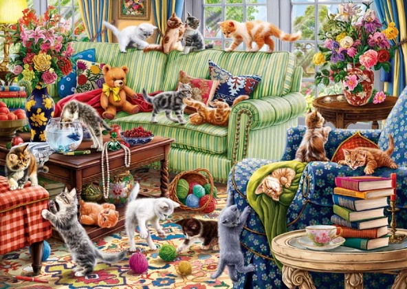 Anatolian 1500 Parça Salondaki Yaramazlar Puzzle - Kedi Yavruları ve Çiçekler