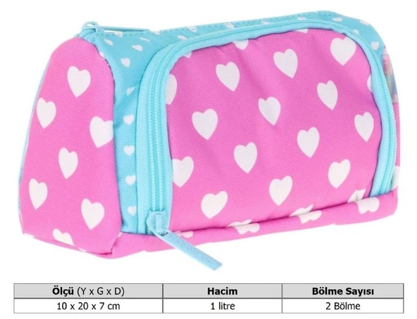 Kaukko Plump İki Bölmeli Turkuaz Pembe Kalp Desenli Kız Çocuk Kalem Çantası/Kalemlik - K2435 - Resim 3