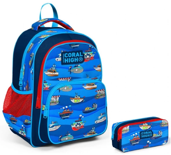 Coral High Lacivert Mavi Gemiler Erkek Çocuk İlkokul Sırt Çantası ve Kalemlik Seti ürün görseli