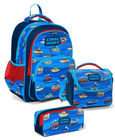 Coral High Üç Gözlü İlkokul Sırt Çantası Seti Lacivert Mavi Gemiler Erkek Çocuk ürün görseli