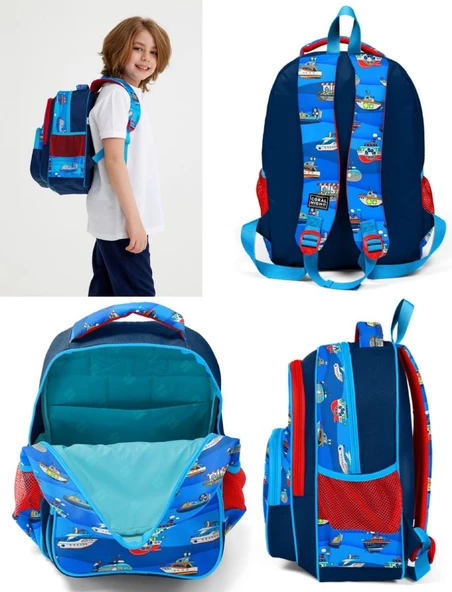 Coral High Üç Gözlü İlkokul Sırt Çantası Seti Lacivert Mavi Gemiler Erkek Çocuk - Resim 3