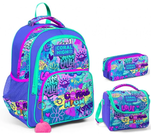 Coral High Lavanta Grafiti Kız Çocuk Üçlü İlkokul Okul Çanta Seti ürün görseli