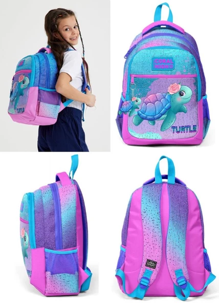 Coral High Kız Üç Bölmeli Okul Sırt Çantası Beslenme Çantası ve Kalemlik Seti Pembe Mavi Kaplumbağa - Resim 3