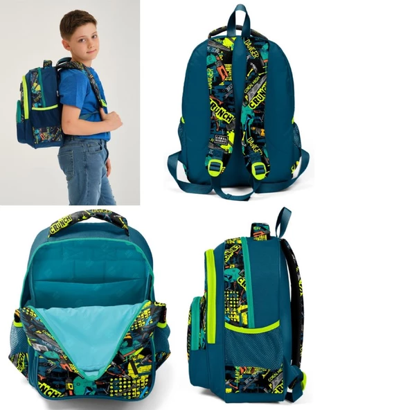 Coral High Üç Gözlü İlkokul Sırt Çantası Seti Yeşil Yazılı Erkek Çocuk - Resim 3