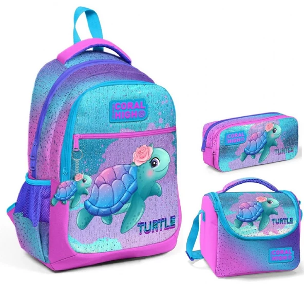 Coral High Kız Çocuk Pembe Mavi Kaplumbağa Üçlü İlkokul Okul Çanta Seti ürün görseli