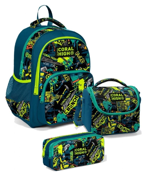 Coral High Üç Gözlü İlkokul Sırt Çantası Seti Yeşil Yazılı Erkek Çocuk ürün görseli