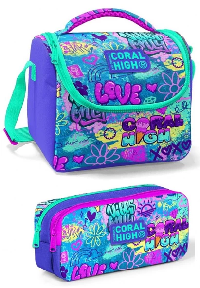 Coral High Üç Gözlü İlkokul Sırt Çantası Seti Lavanta Yeşil Pembe Grafiti Kız Çocuk - Resim 4