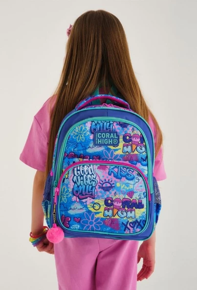 Coral High Üç Gözlü İlkokul Sırt Çantası Seti Lavanta Yeşil Pembe Grafiti Kız Çocuk - Resim 2