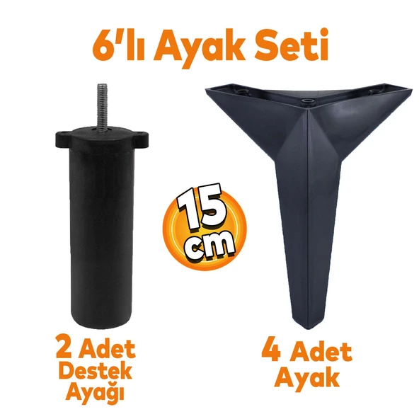 Kale 6'lı Set Mobilya Tv Ünitesi Koltuk Kanepe Destek Ayağı 15 Cm Siyah Baza Ayakları M8 Civatalı