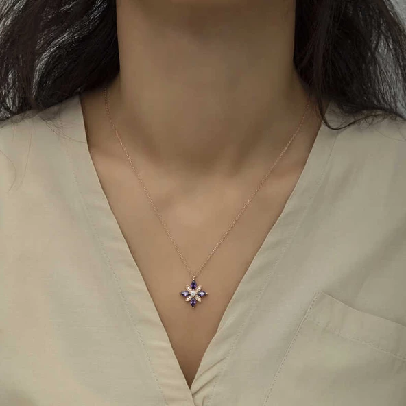 Gümüş Rose Mor Taşlı Umut Çiçeği Kolye SL4314 - Resim 2