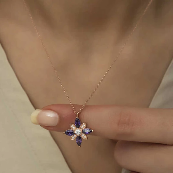 Gümüş Rose Mor Taşlı Umut Çiçeği Kolye SL4314 - Resim 6