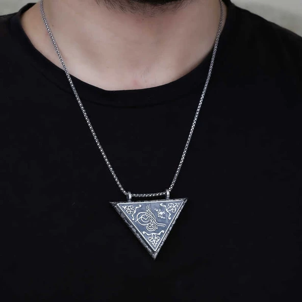 Gümüş Üçgen İçi Açılabilen Tuğra Muskalık Kolye  SL4309 - Resim 2