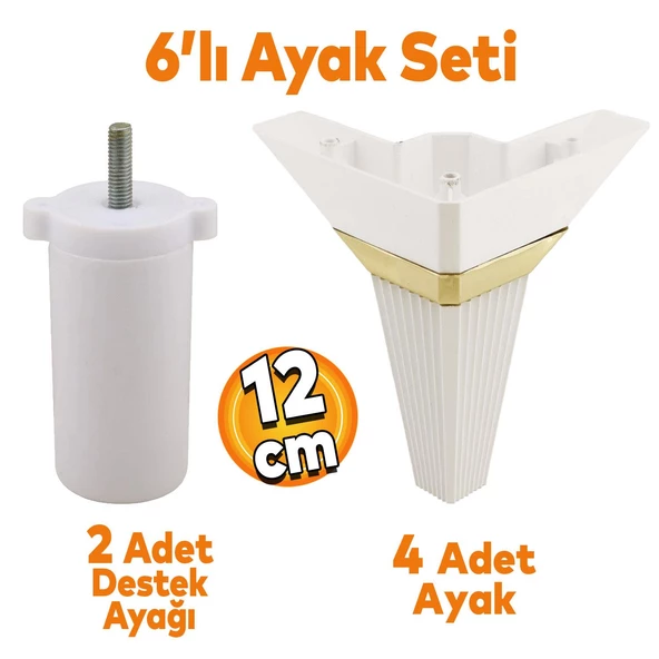 Alcazar Köşe 6'lı Set Mobilya TV Ünitesi Çekyat Koltuk Kanepe Destek Ayağı 12 cm Beyaz M8 Civatalı