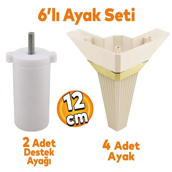 Alcazar Köşe 6'lı Set Mobilya TV Ünitesi Çekyat Koltuk Kanepe Destek Ayağı 12 cm Krem M8 Civatalı