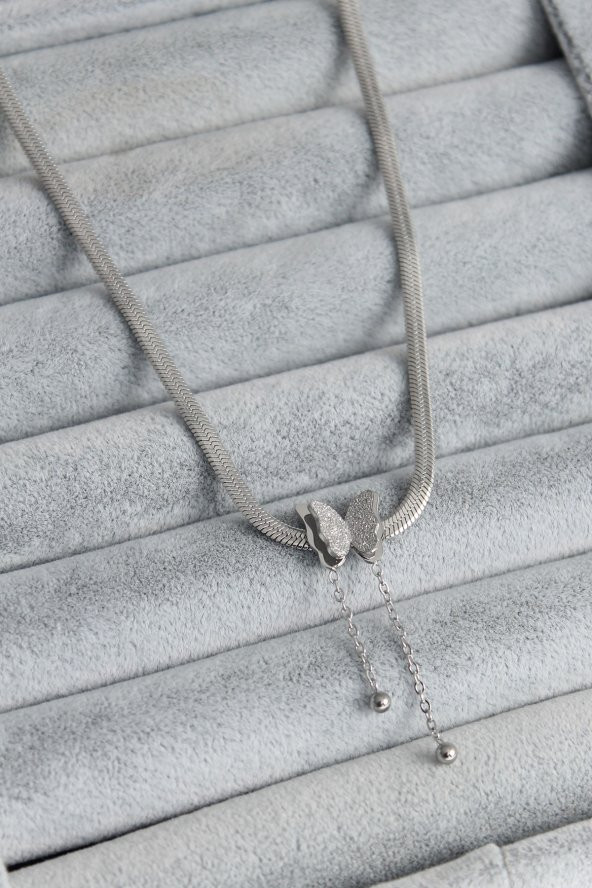 316L Çelik Gümüş Renk İtalyan Zincir Model Simli Kelebek Figür Kadın Kolye ürün görseli