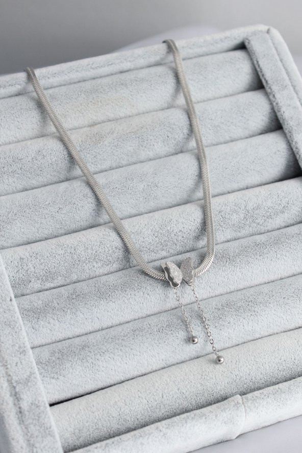 316L Çelik Gümüş Renk İtalyan Zincir Model Simli Kelebek Figür Kadın Kolye - Resim 2