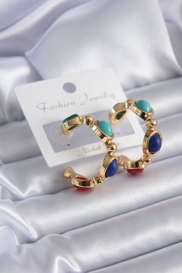 Gold Renk Renkli Taşlı Pirinç Halka Kadın Küpe ürün görseli